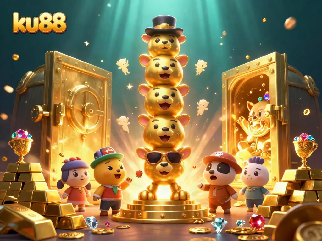 Spin the slots with ku88, featuring a vibrant 3D totem and dazzling treasures.