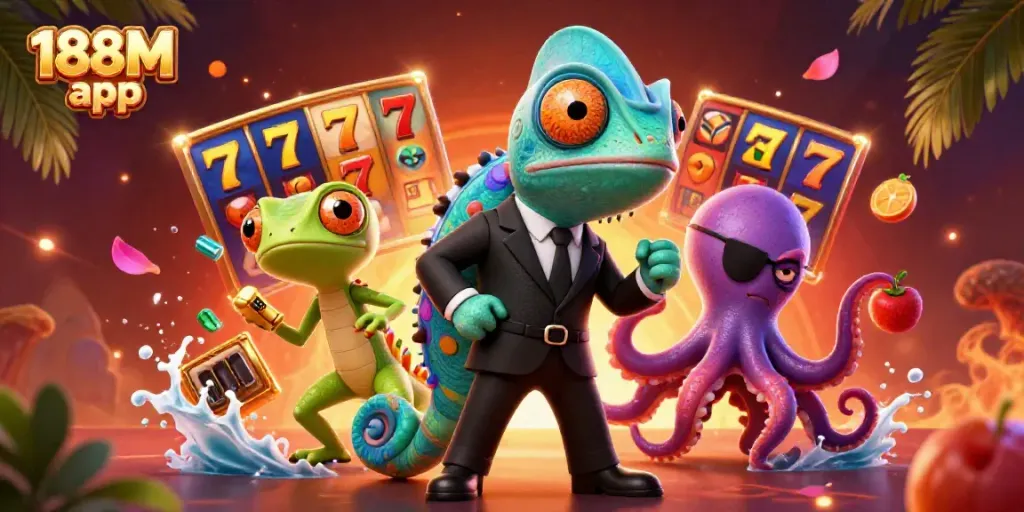 Experience the vibrant 188M app scene with colorful slot reels and animated characters.