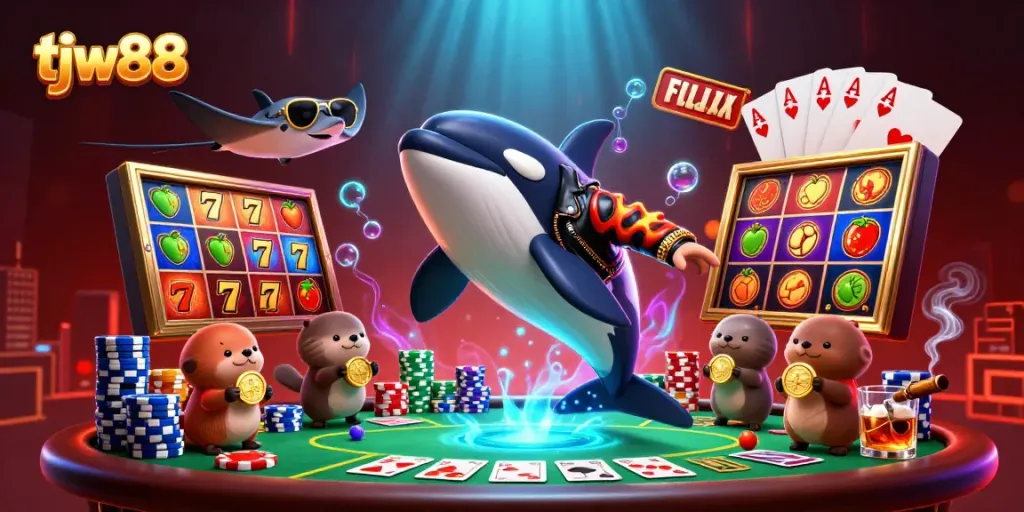 Experience exciting gameplay with tjw88 and colorful slot symbols, characters, and poker elements.