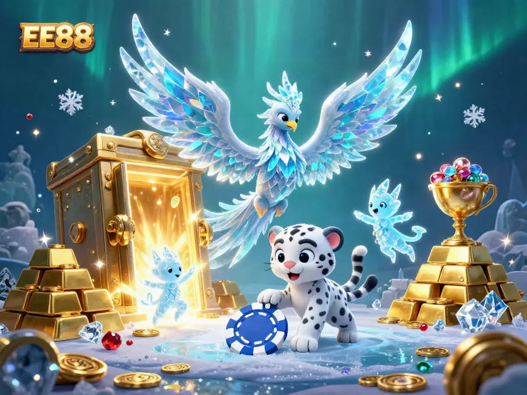Engage with the vibrant EE88 casino scene featuring a majestic ice phoenix, playful snow leopard cub, and glowing sprites amidst a treasure-filled backdrop.