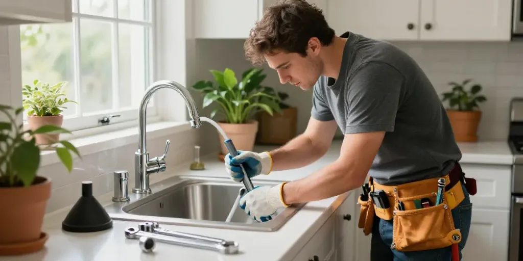 Licensed plumber in Rapid City SD working under a sink, showcasing home repair tools in bright kitchen.