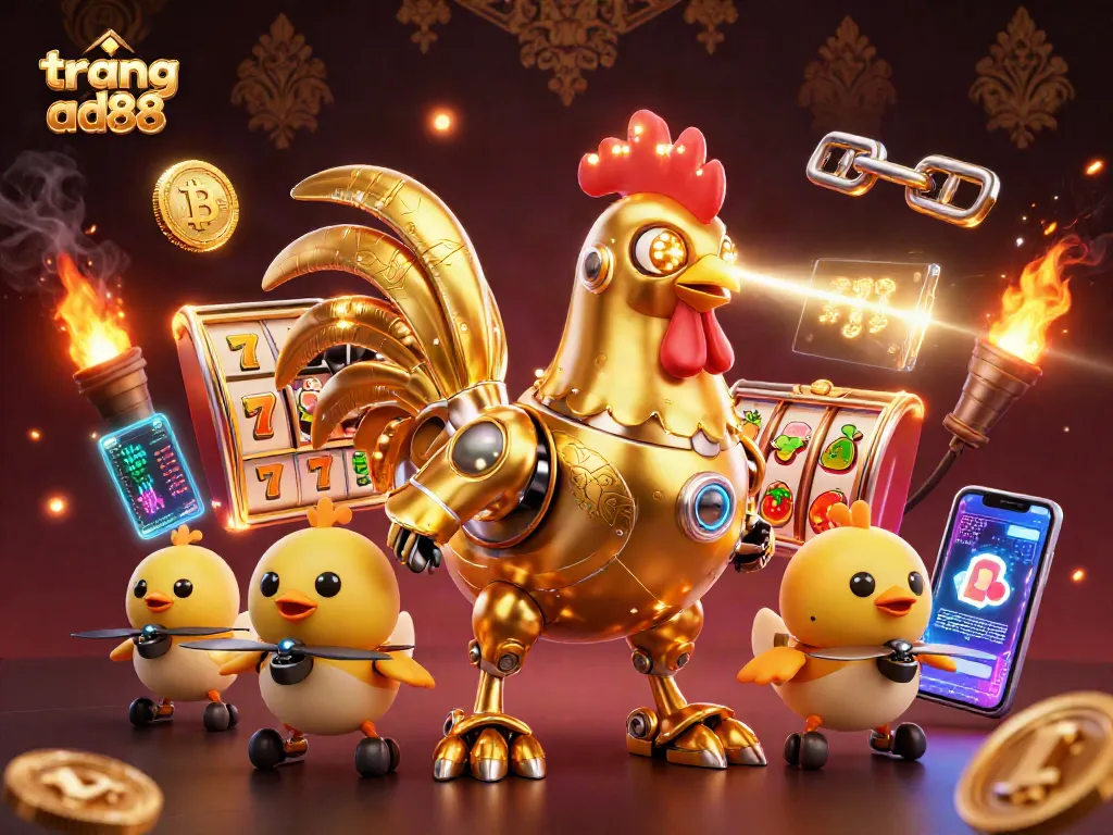 Play exciting slots at trang ad88 with vibrant golden rooster robot and animated game elements.
