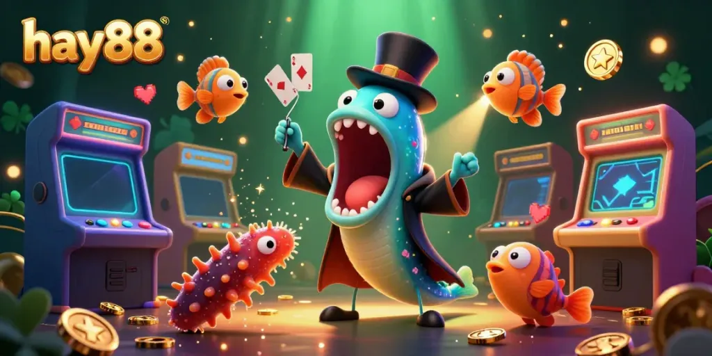 Experience the thrill of hay88 with colorful 3D characters and arcade elements in this vibrant digital scene.