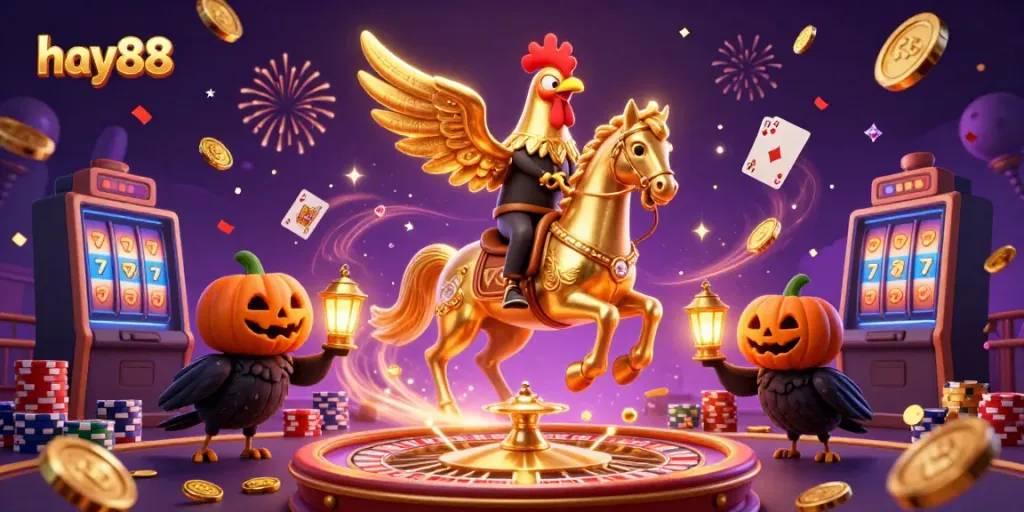 Experience the thrilling atmosphere of hay88 casino with a golden rooster character amidst gambling excitement.