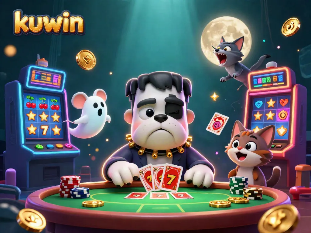 Kuwin engages players in thrilling card games with a lively monster and ghost in an enchanting casino setting.