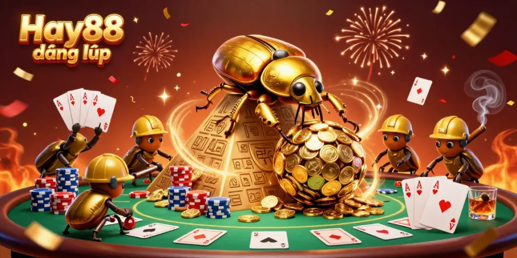 Experience Hay88 đăng nhập with a vibrant scene of cartoon beetles and casino treasures.