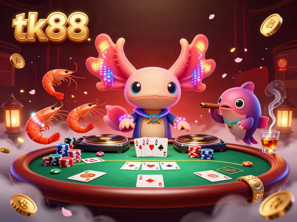 Engage in thrilling poker with tk88, vibrant axolotl DJ, and lively underwater characters.