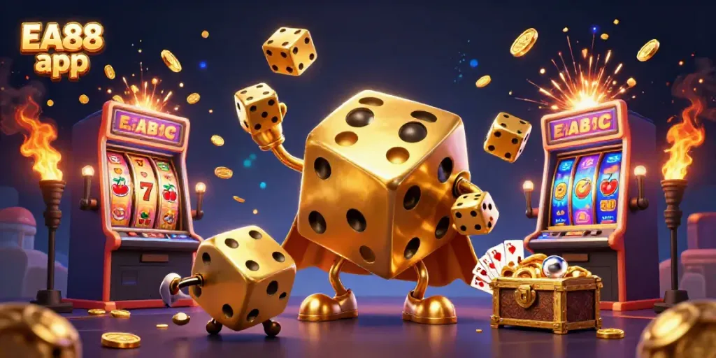 Experience the thrill of the EA88 app in this vibrant 3D casino scene, showcasing loads of gold and exciting game elements.