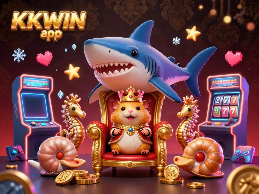 Engage in gaming action with the KKWIN app featuring a golden hamster king and vibrant casino elements.