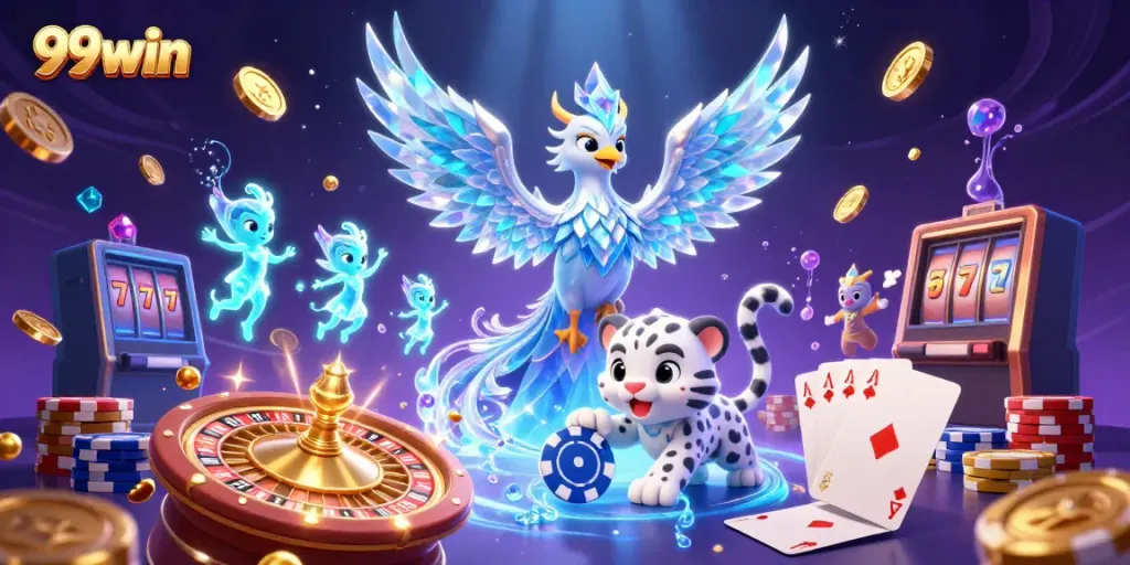 Experience thrilling 99win moments with the ice phoenix and shimmering casino treasures among dazzling lights.