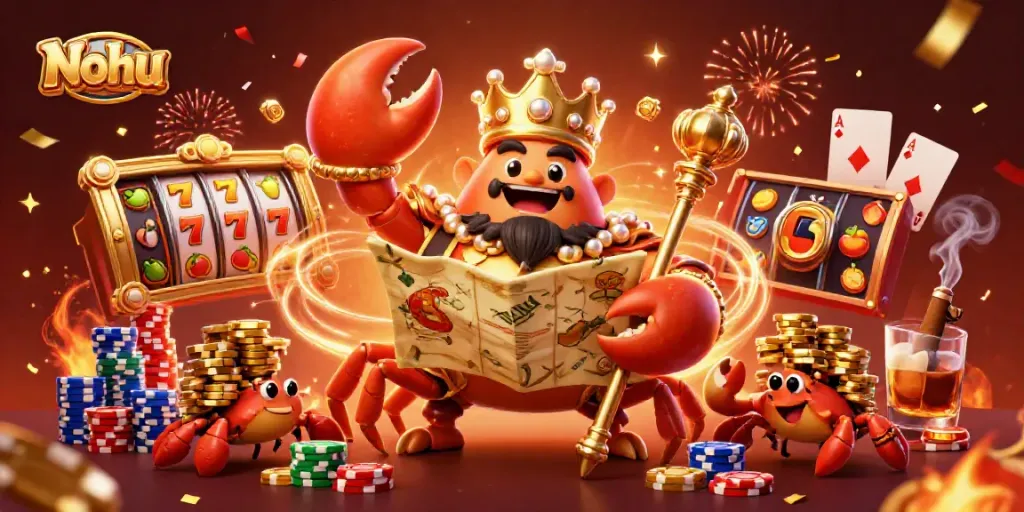 Engage in thrilling Nohu slots with a vibrant crab emperor and golden chips.