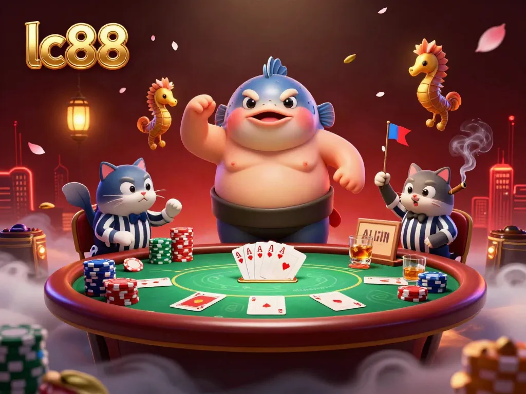 Experience the excitement of lc88 inspired gaming with a dynamic underwater poker scene featuring a fugu and referee.