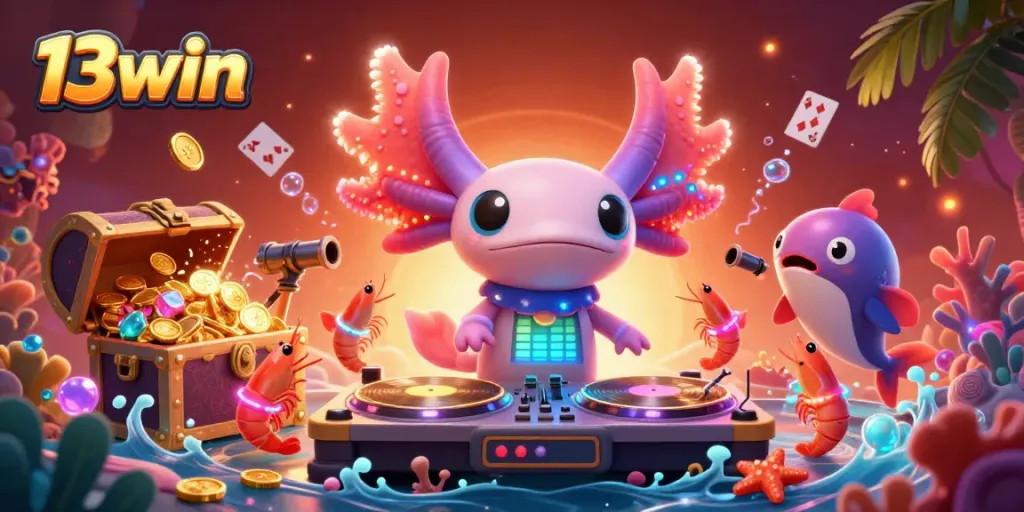 Experience the vibrant underwater party of 13win with a DJ axolotl and dancing shrimp, creating excitement in the casino world.