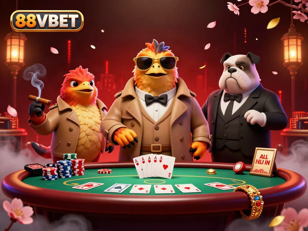 Experience thrilling poker action at 88VBET with cartoon raptors and a bulldog bouncer in a vibrant casino.