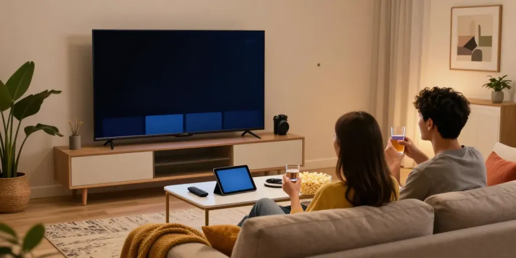 IPTV subscribe scene showcasing a cozy entertainment setup with a couple enjoying streaming content.