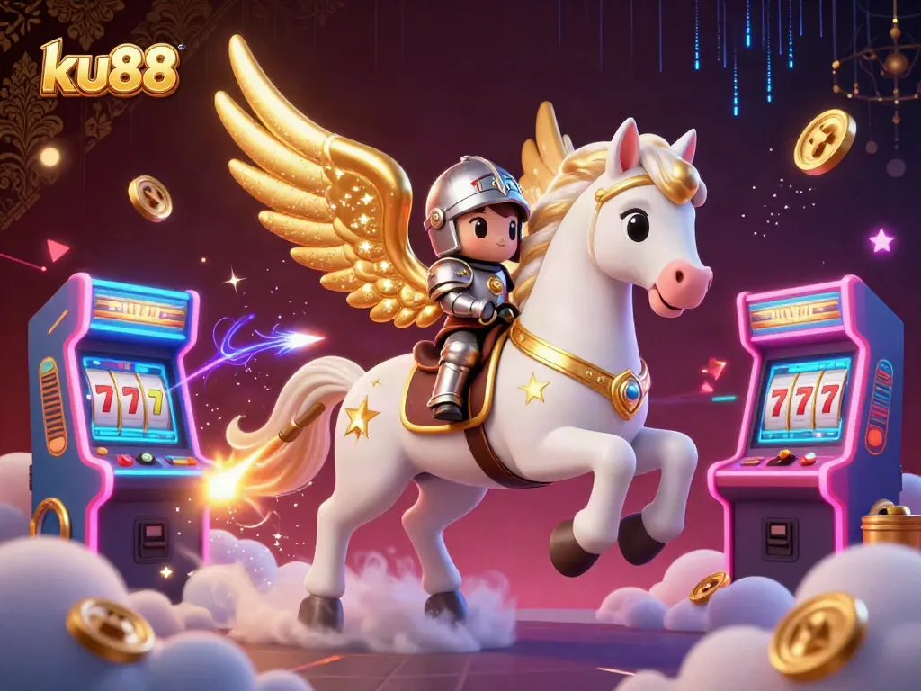 Engage with ku88's exciting online gaming experience featuring a celestial horse and knight amidst colorful casino elements.