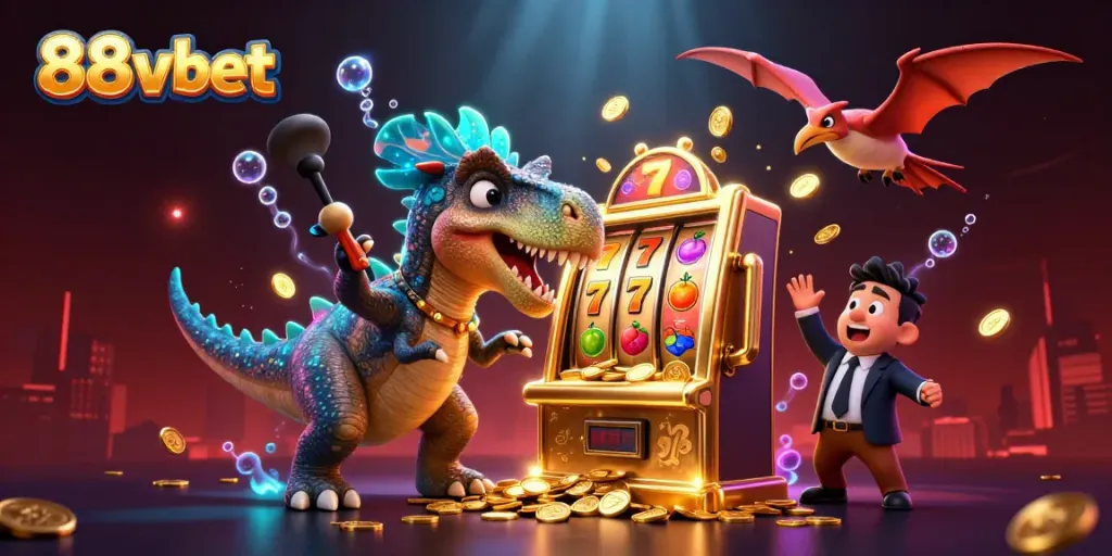 88vbet showcases a dinosaur-themed casino scene with thrilling jackpots and dynamic elements.