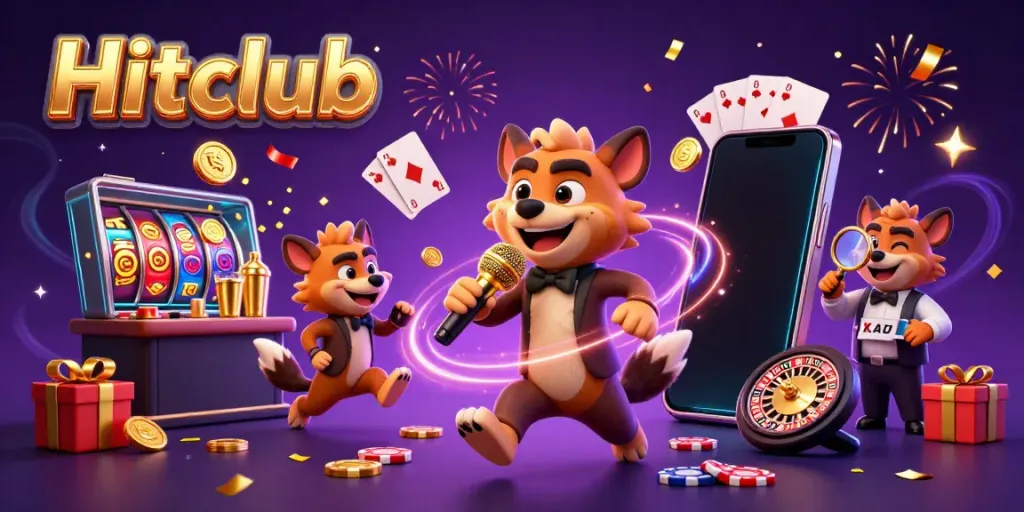 Hitclub hyenas in a comedy casino scene, engaging in gaming with vibrant elements.