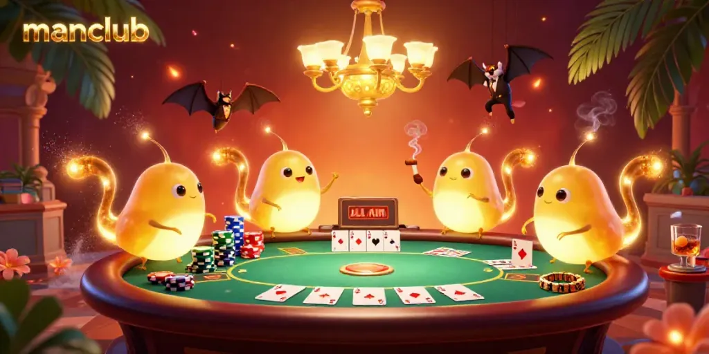 Engage with manclub at a vibrant 3D casino scene featuring glowing glowworms and an upside-down dealer.