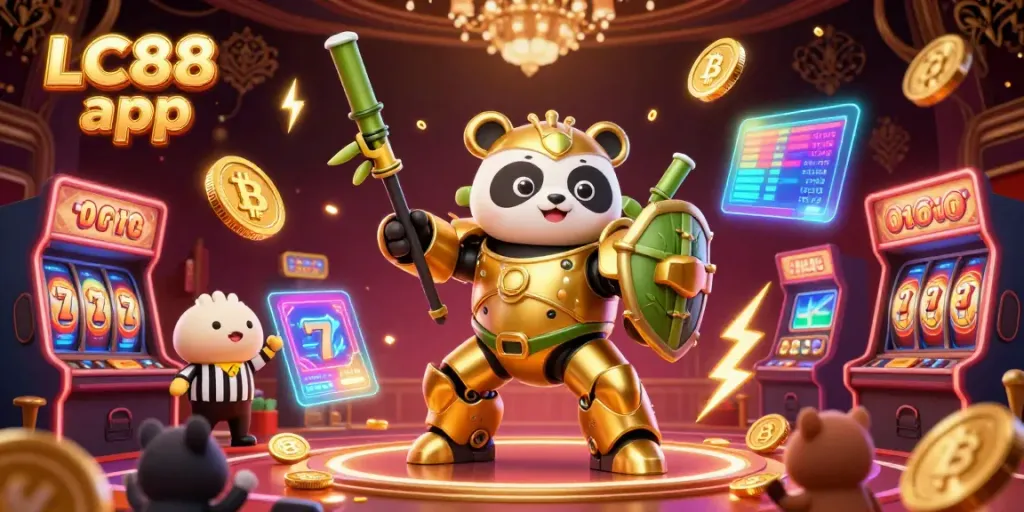 Experience the LC88 app with a vibrant casino scene involving a golden panda robot, Bitcoin and Ethereum coins, and engaging game elements.