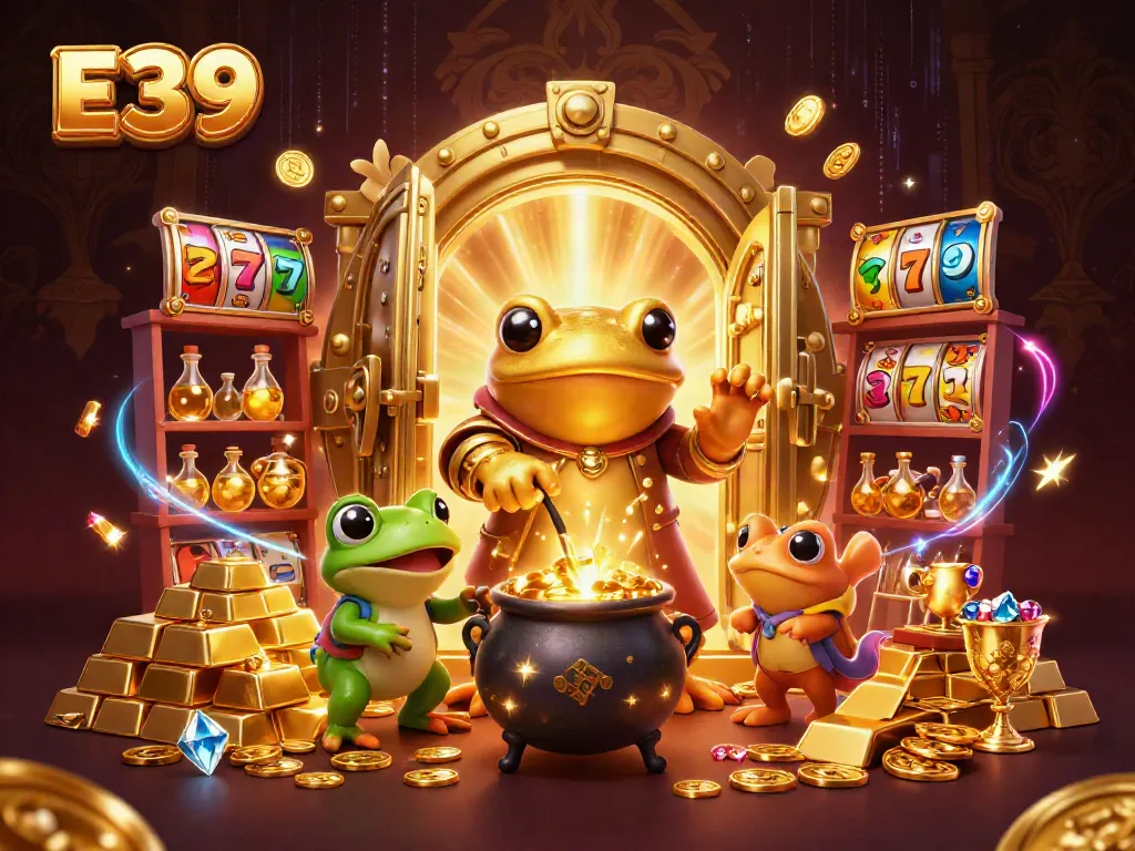 E39 players enjoy a rich gaming experience with golden treasures and slot reels in this dynamic casino scene.