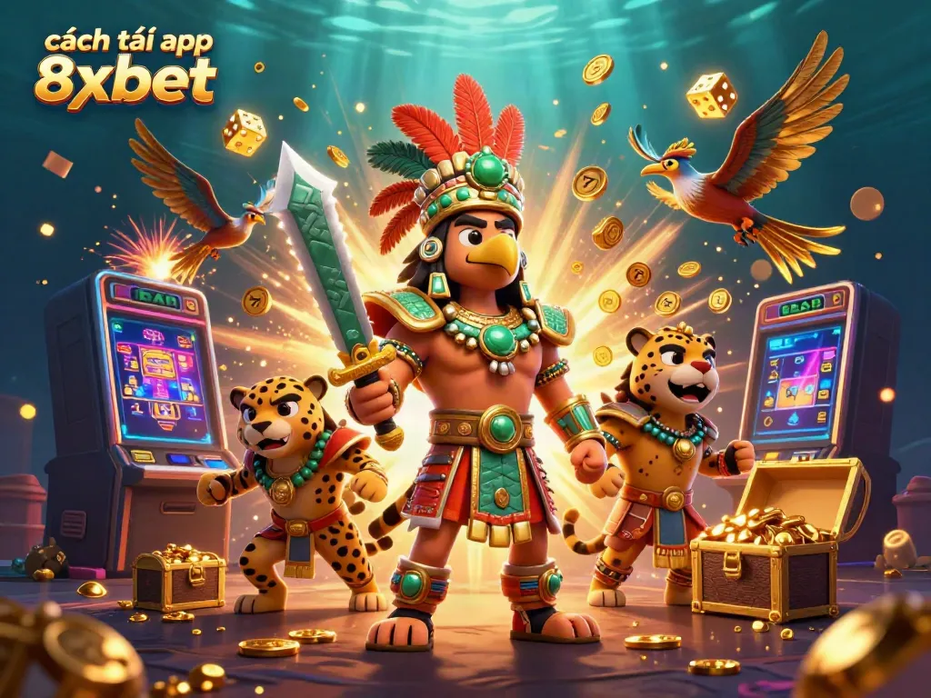 Experience the thrill of cách tải app 8xbet with vibrant casino elements and 3D characters, showcasing a dynamic online gaming atmosphere.