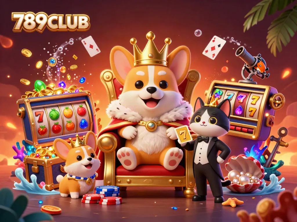 Experience exciting gameplay at 789CLUB with a lively illustration of a royal corgi, poker chips, and games.