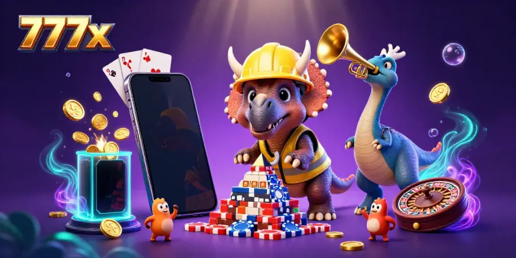 Experience the vibrant world of 777x with a lively scene of cartoon dinosaurs celebrating around casino games.