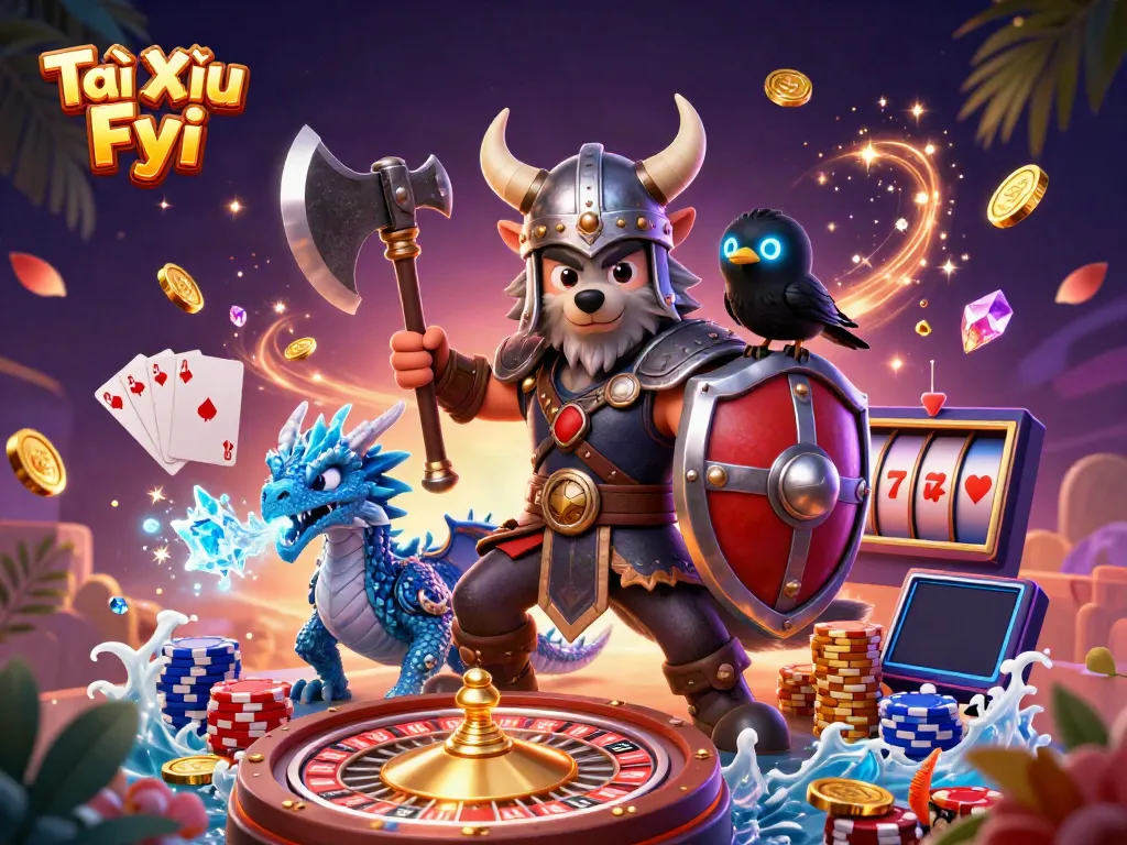 Tài Xỉu Fyi showcases a Viking wolf warrior, fierce dragon, and raven amidst dynamic casino elements.