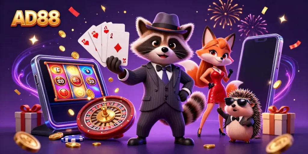 Experience the excitement of AD88 with a suave raccoon, charming fox, and hedgehog in a lively casino scene.