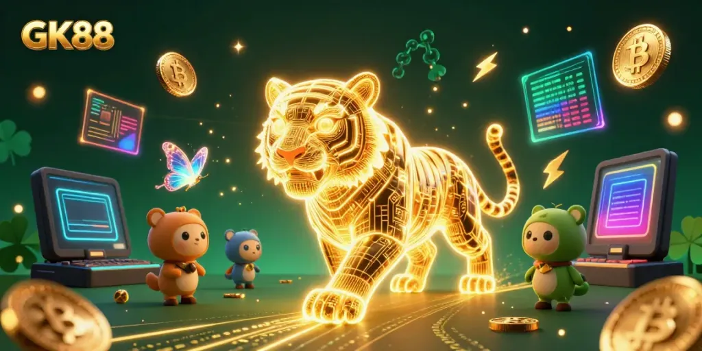 Engage with GK88 in a vibrant digital casino landscape featuring neon characters and cryptocurrency elements.