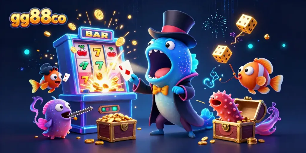 gg88co showcases magic with a bioluminescent gulper eel performing card tricks amid slot machine chaos.