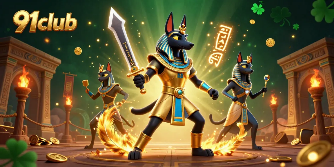 Engage with 91club's vibrant betting scene, showcasing Anubis warrior and Bastet amidst dynamic casino elements.