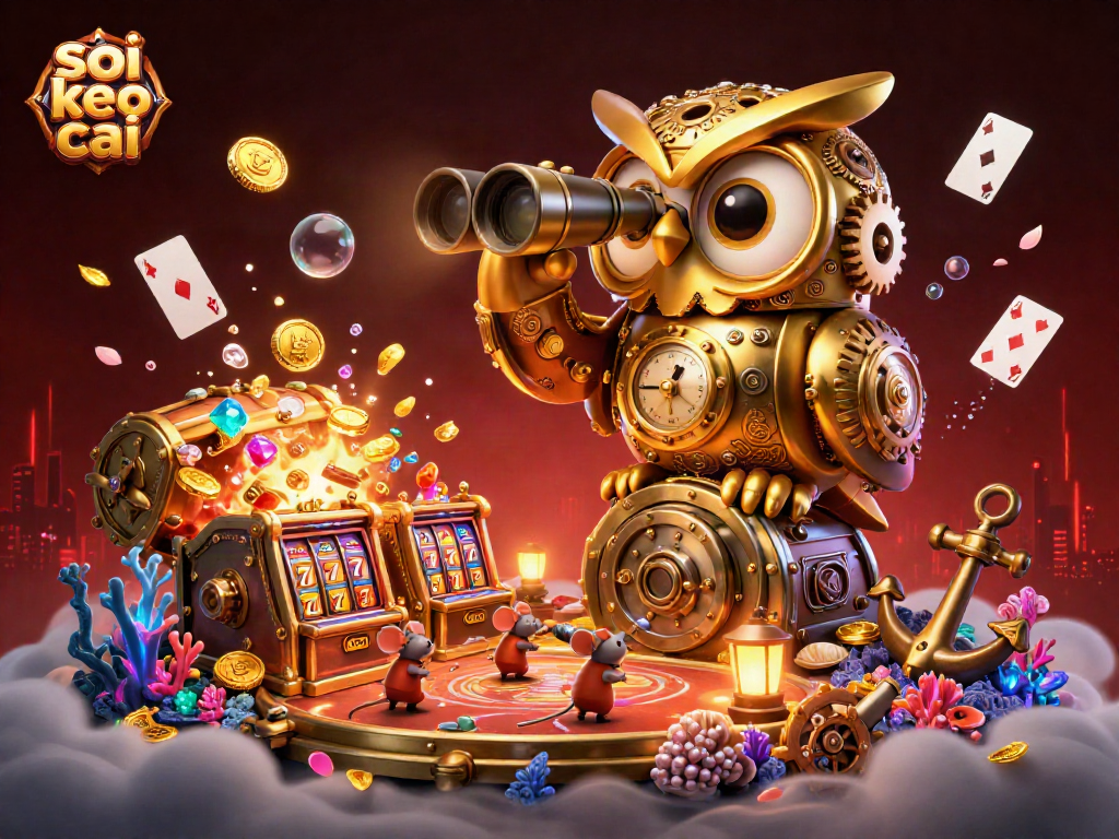 Soi keo nha cai showcases a whimsical casino world with a golden owl, slot machines, and treasures.