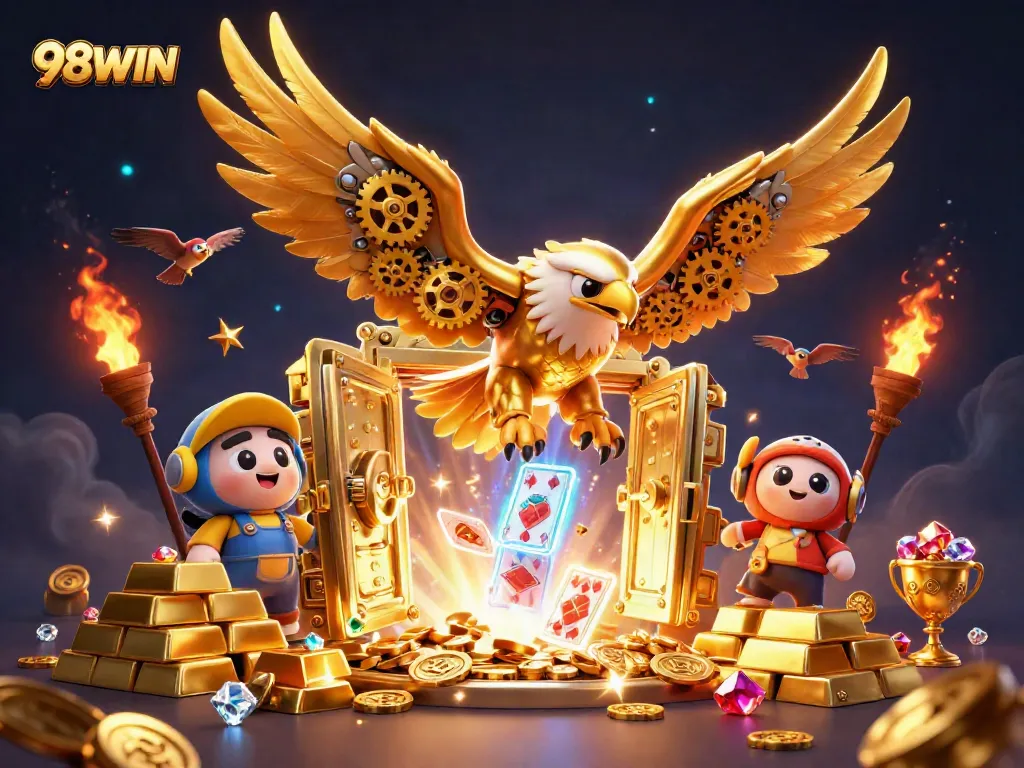 Experience the thrill of 98WIN with a stunning cybernetic eagle amidst cascading playing cards!