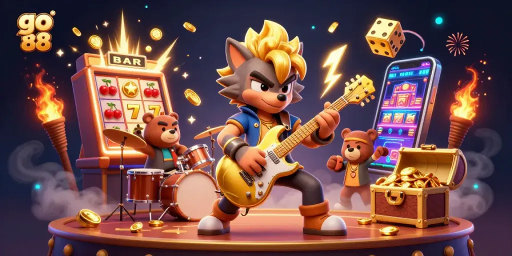 Engage with exciting go 88 casino games featuring a dynamic 3D rock star wolf and a drummer bear!