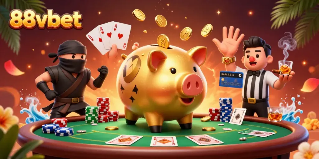 Experience thrilling fun at 88vbet with dynamic casino action, featuring cartoon characters and poker elements.