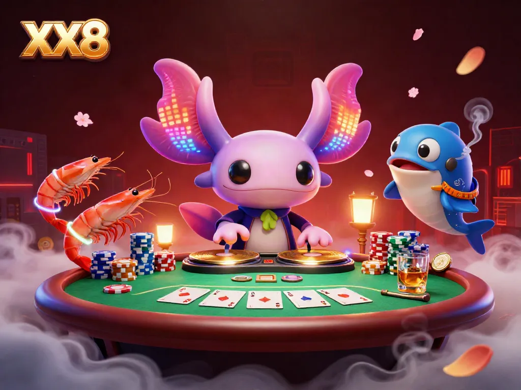 Engage with XX8's vibrant 3D casino scene featuring unique characters and casino elements.