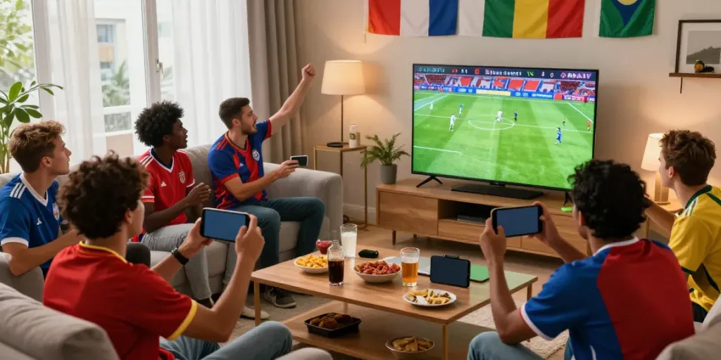 Viewers cheering during a live football match on CakhiaTV in a cozy living room atmosphere.
