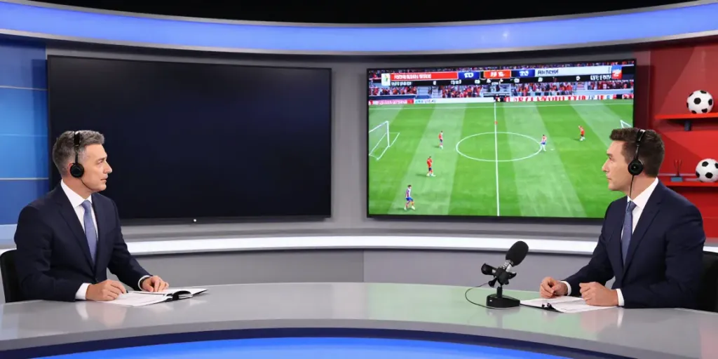 Commentators discussing live football matches in a modern studio, highlighting cakhiatv.