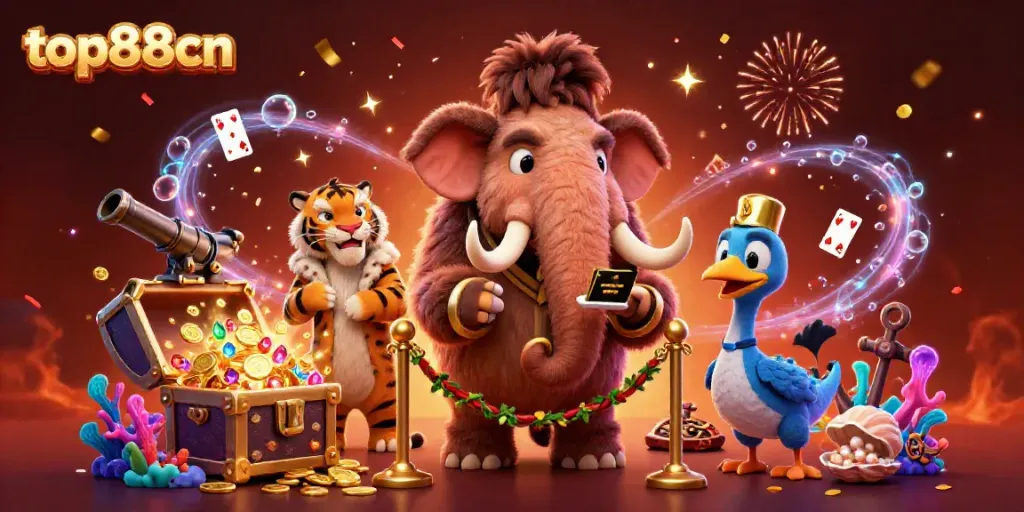 Join the fun at top88cn with a whimsical casino scene featuring a mammoth bouncer, saber-toothed tiger VIP, and dodo doorman.