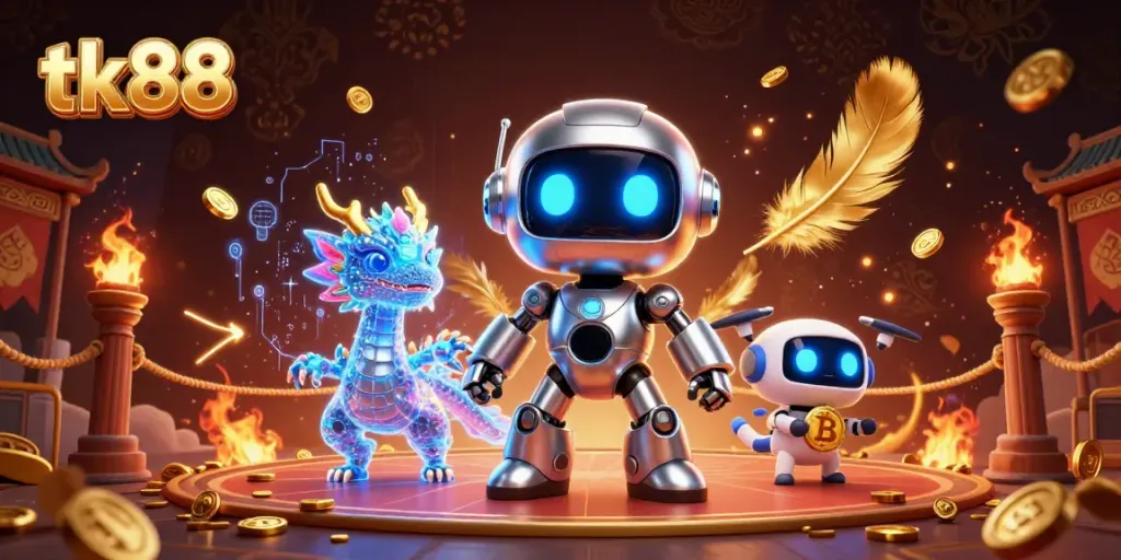 Experience the excitement of tk88 with a vibrant 3D-casino scene filled with digital characters, coins, and game elements.