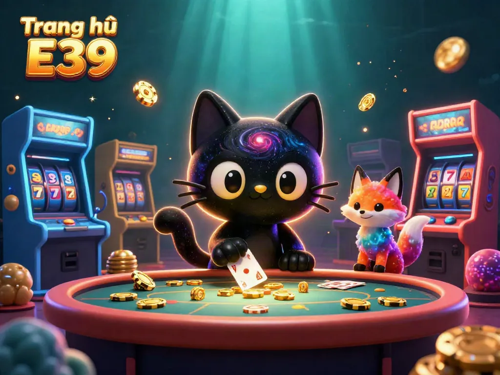 Experience the thrill of gaming at Trang chủ E39 with a cosmic casino scene featuring a black hole cat and vibrant game elements.