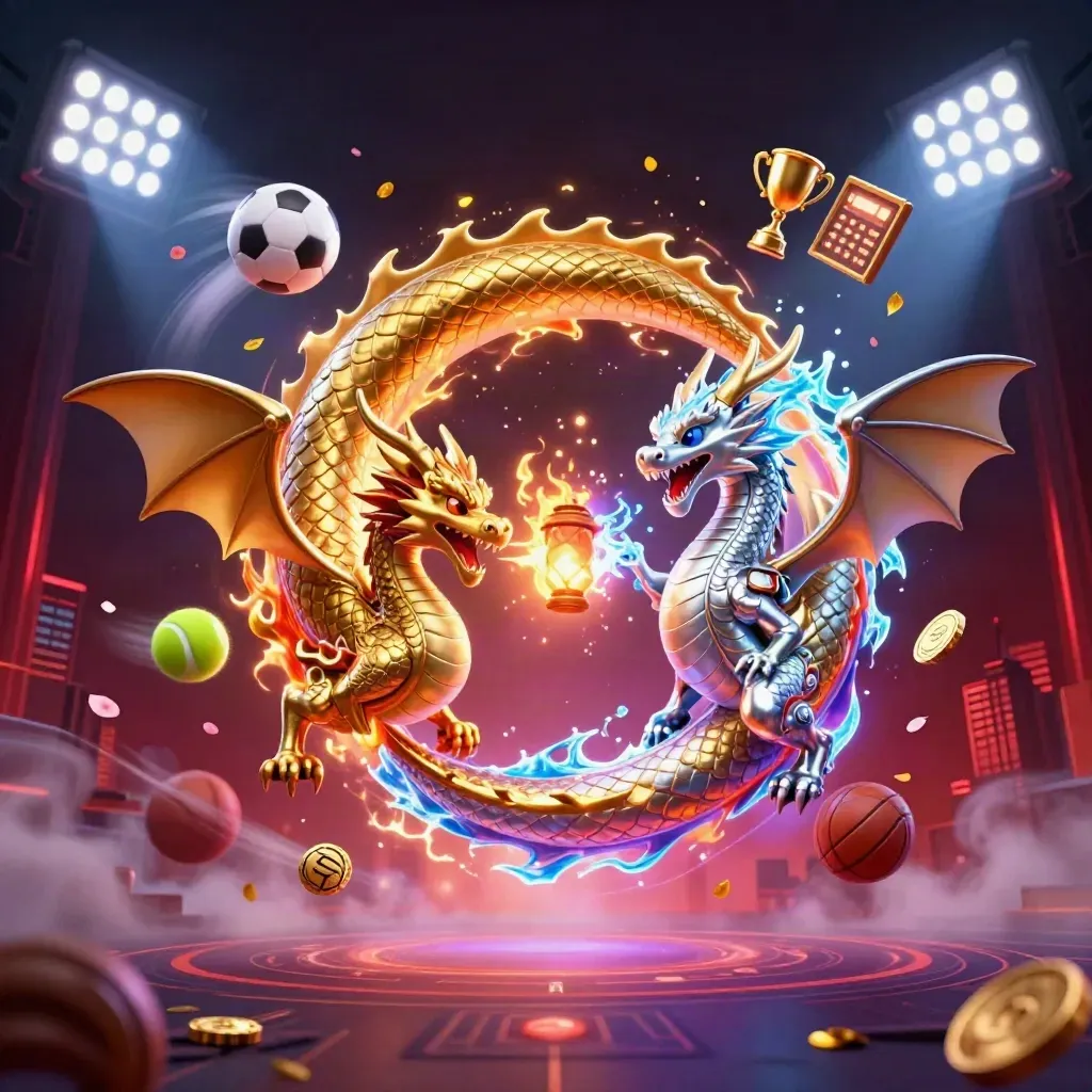 Gold and silver dragons spiral with sports balls, trophy, coins, and eclipse glow over a dark skyline.