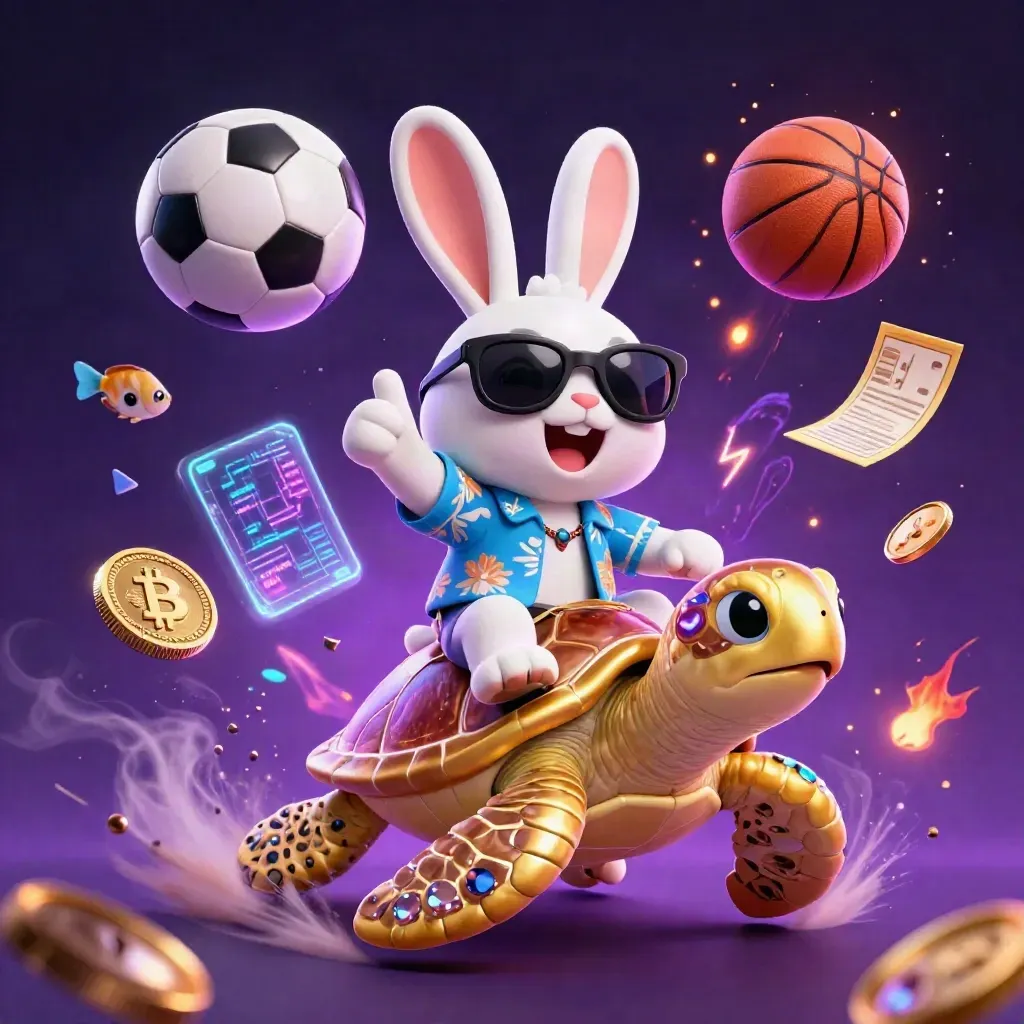 Lucky rabbit rides a gold turtle amid sports balls, crypto coins, and neon casino energy.