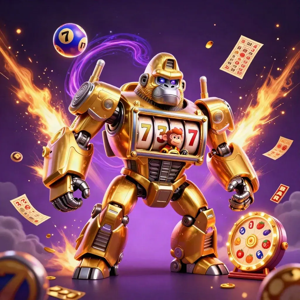 Golden gorilla mech with tiny monkey pilot amid reels, prize wheel, bingo card, and neon treasure.