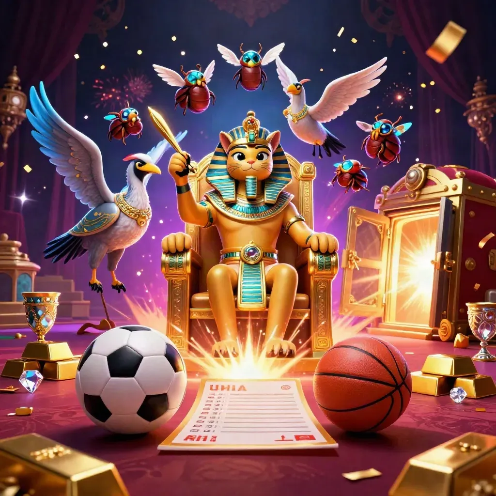 Gold pharaoh cat, ibis scribe and scarabs amid vault light, balls, gems and casino glow.