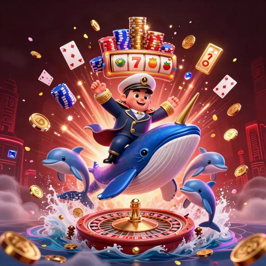 Whale captain, narwhal, and dolphins burst through coins under red eclipse lights.