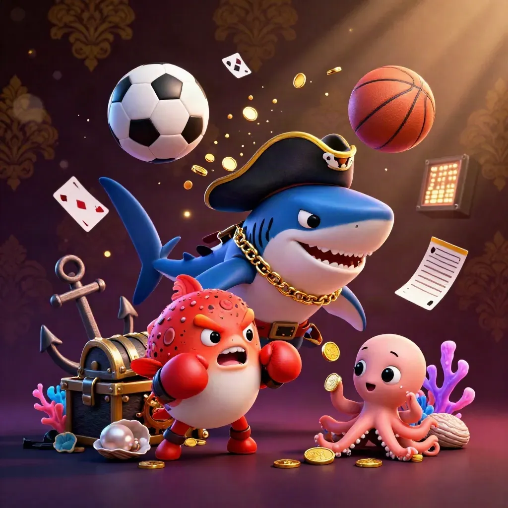 Pirate shark, pufferfish and octopus amid coins, balls and treasure in a luxe casino cove.