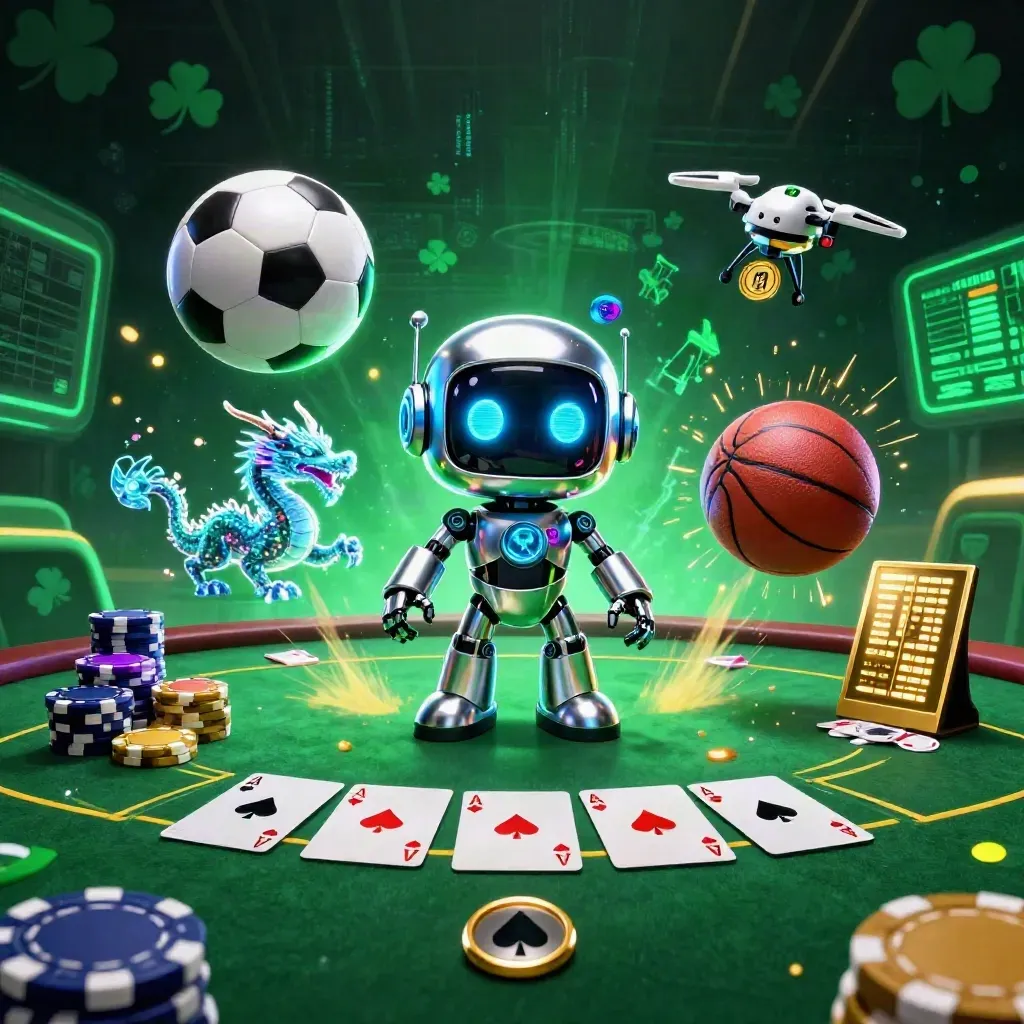 Cyberpunk robot, holographic dragon and coin drone amid cards, chips, balls and neon casino glow.